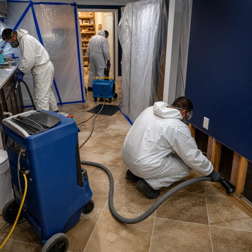 Restoration crew preparing professional sewage cleanup equipment in a San Antonio home